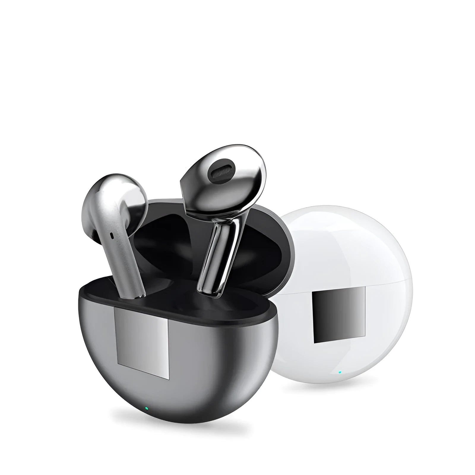 White Budz5 J6 wireless Bluetooth semi-in-ear headphones with charging case on a white background.