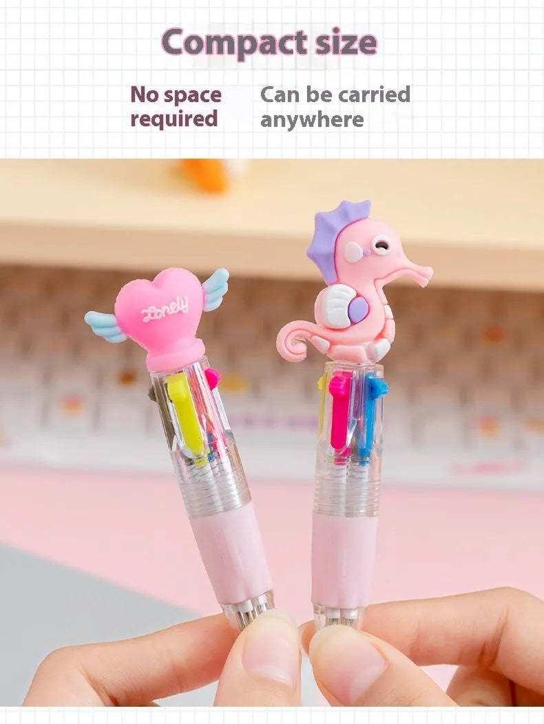 A four-colour press ballpoint pen with a cute cartoon design, showing a bullet-shaped 0.7mm writing tip.