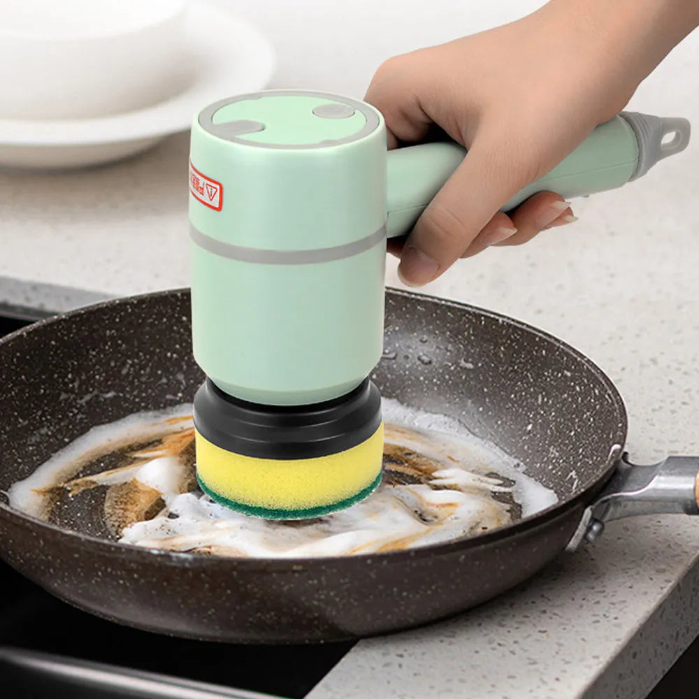 Electric cleaning brush with three interchangeable heads for kitchen and bathroom tile cleaning