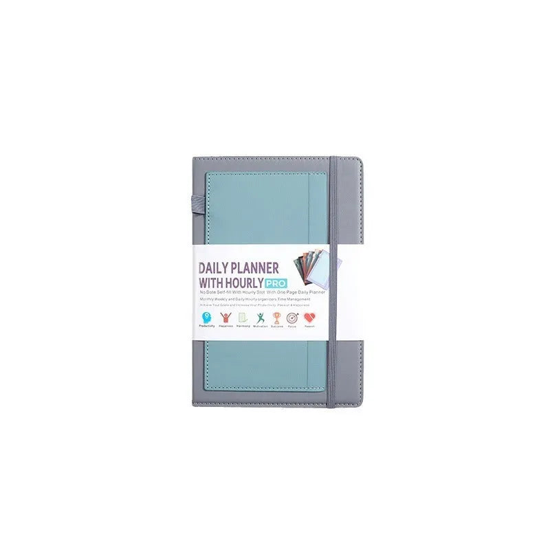 No-date planner notebook with PU cover in multiple colour options showing thread binding and planning stickers