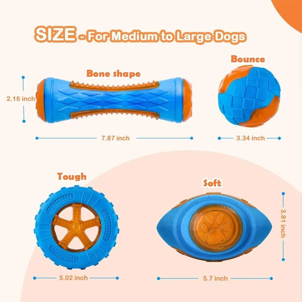 Three TPR dog toys - ball, barbell, and tires - with textured surfaces for teeth cleaning and floating capability