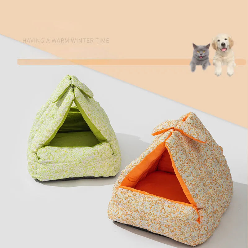 New Rabbit Triangle Nest semi-enclosed pet bed for cats and dogs, thickened, double-sided, green