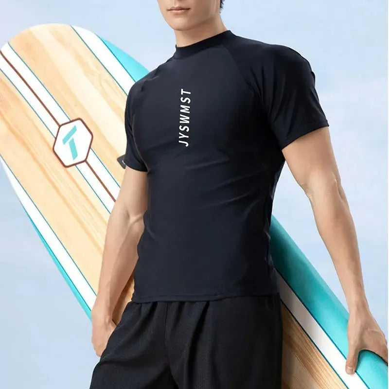 Men's polyester swim trunks and top set in plus sizes with patterned design