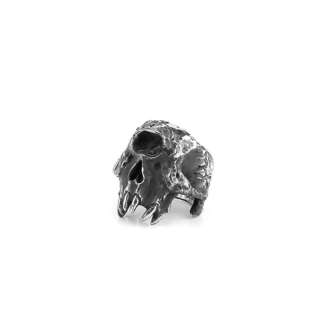 Silver alloy ring with a detailed one-eyed skull design in a retro punk style.