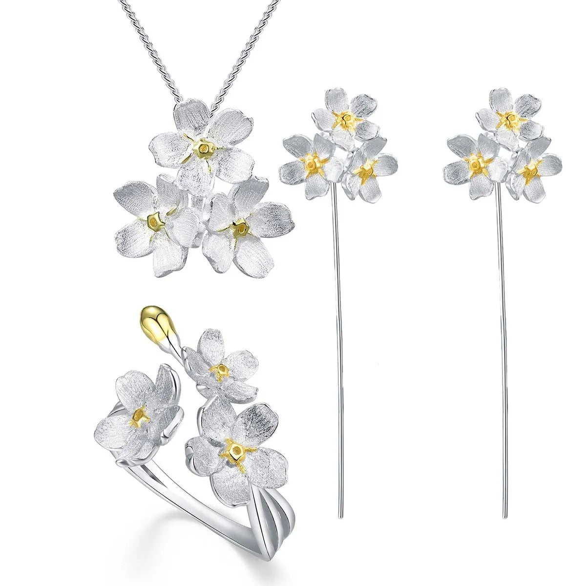 Myosotis Sylvatica sterling silver floral pendant with electroplated finish in pastoral style