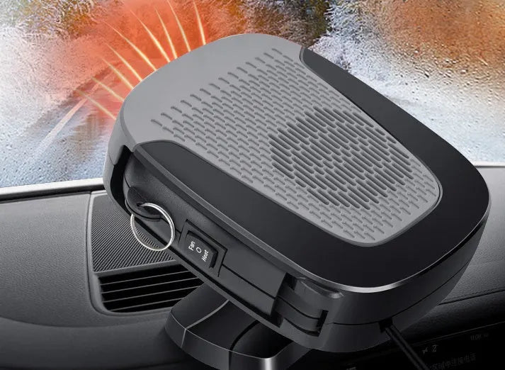 Grey 12V electric air heater for car with cold and warm settings, 150W, ABS housing, and adhesive fixing