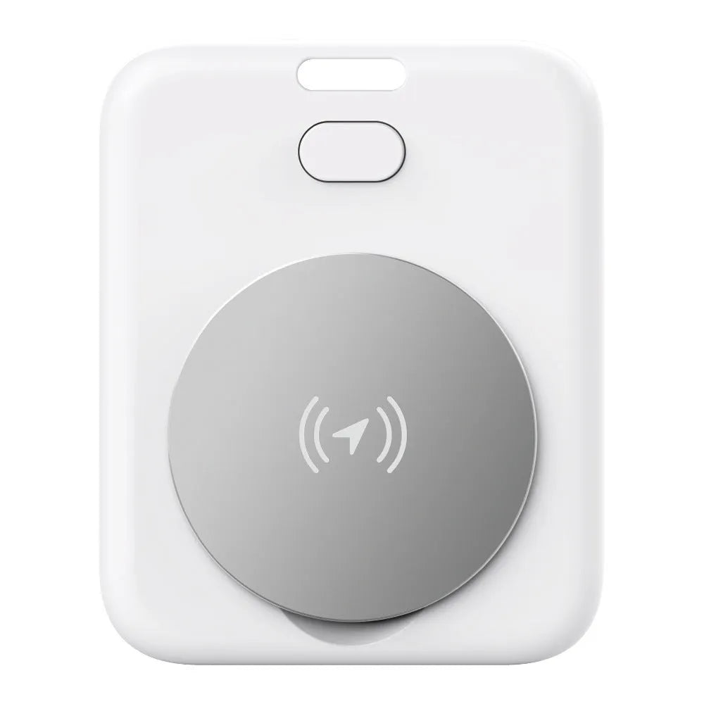 White ABS plastic pet tracking device with portable wearing attachment for Apple devices
