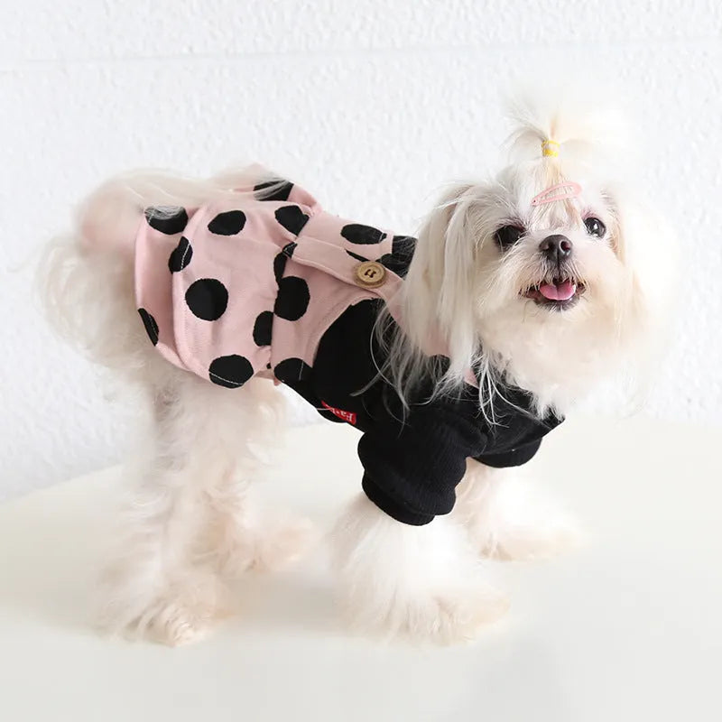 Pet clothing with lapel shoulder strap in casual cloth material showing four-legged and skirt style options