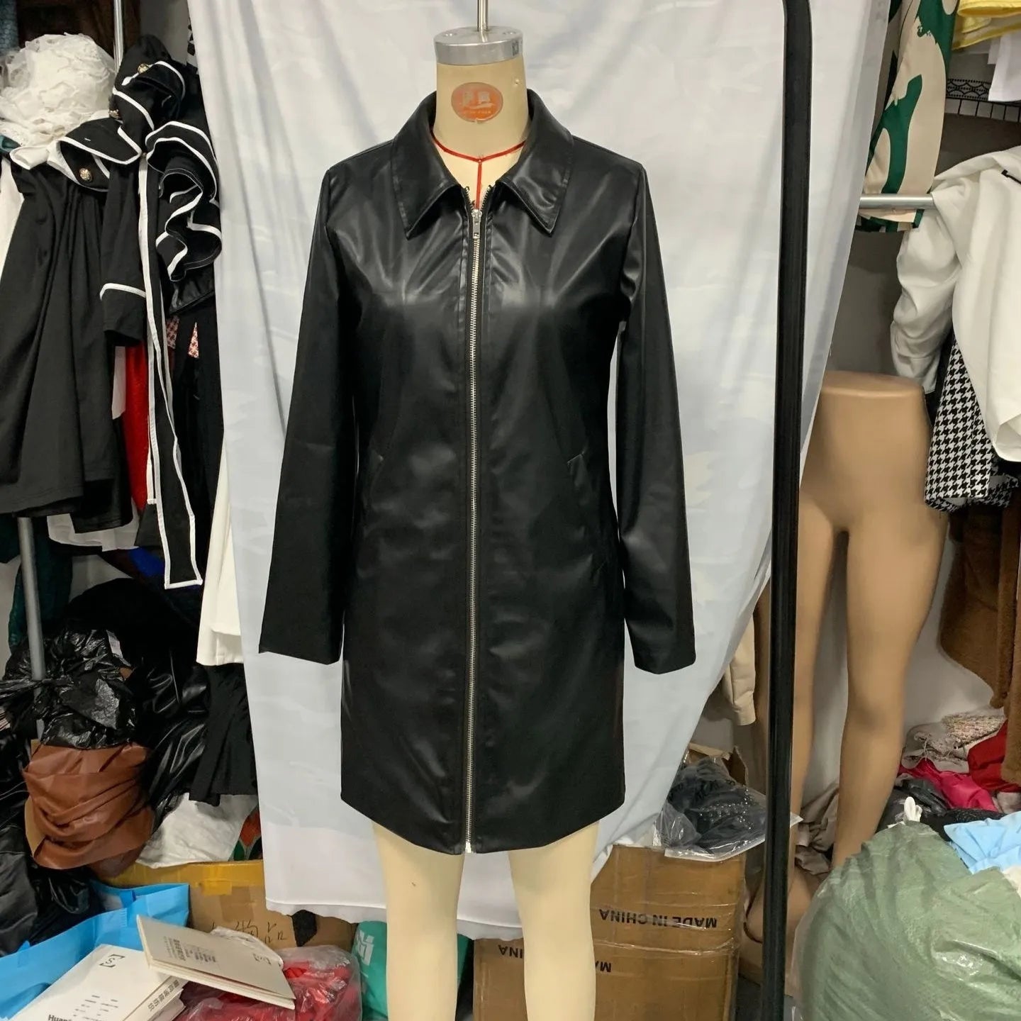 Black women's leather jacket medium length 65cm with long sleeves