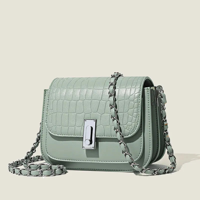 Women's soft PU chain shoulder bag in horizontal square shape with interior mobile phone pocket