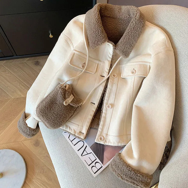 Loose thick small fur coat for women in beige apricot colour, sleeveless with velvet thickening