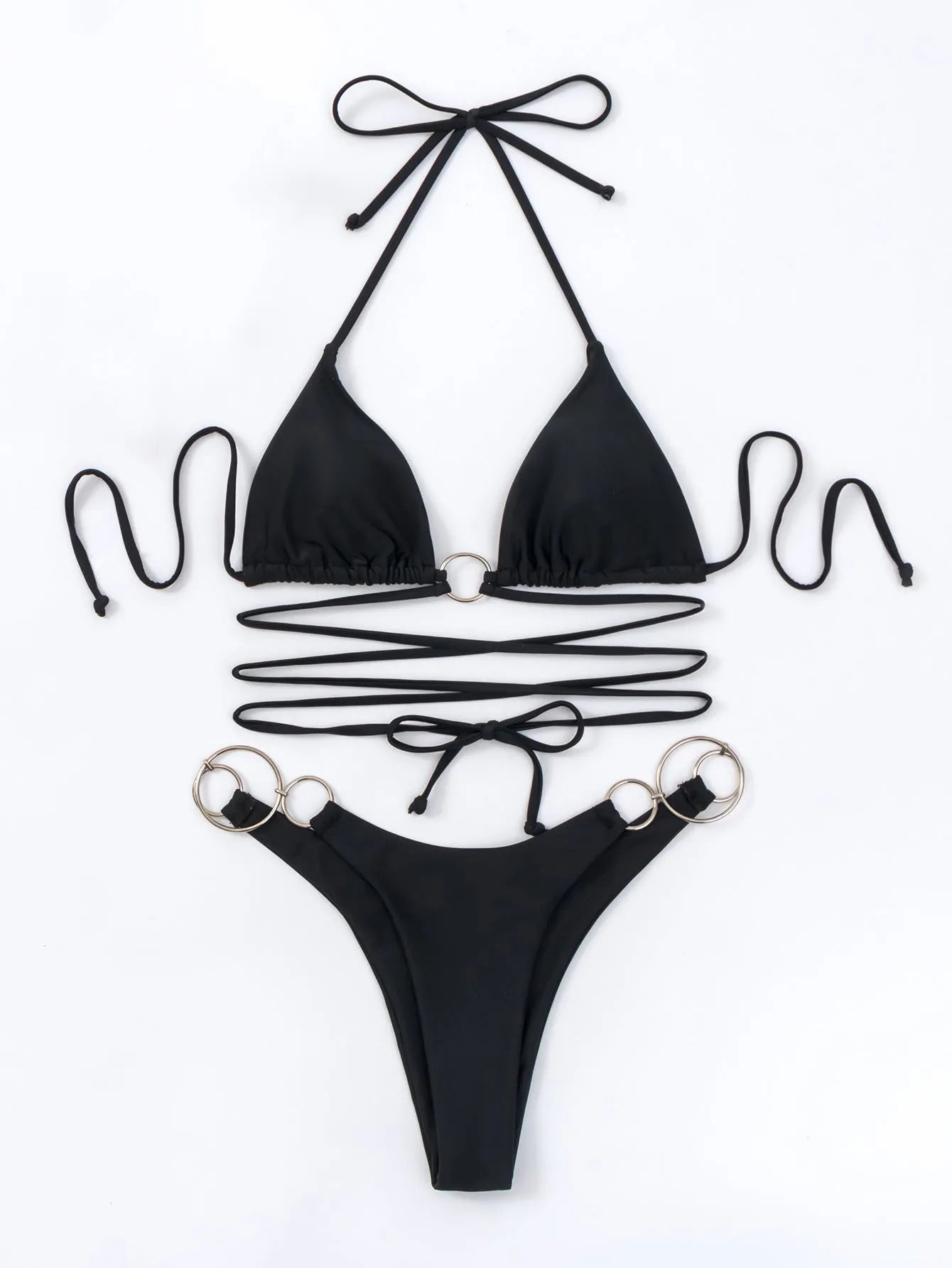 Black women's bikini swimsuit set with metal ring straps and split panty design