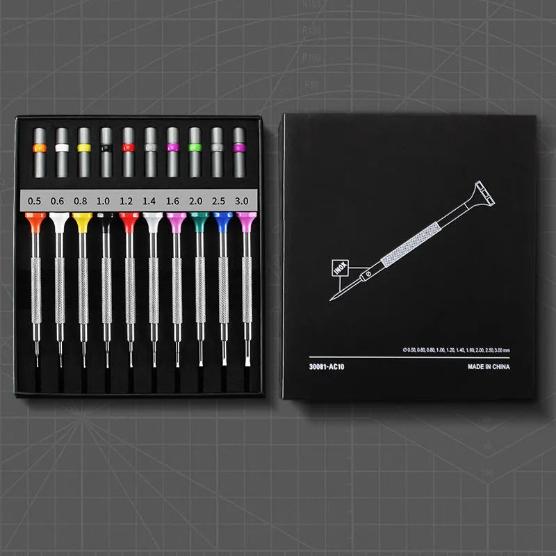 10-piece precision screwdriver set with 20 spare bits for watch and glasses repair