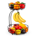 Black and gold double-layer wrought iron fruit storage basket with two open shelves.