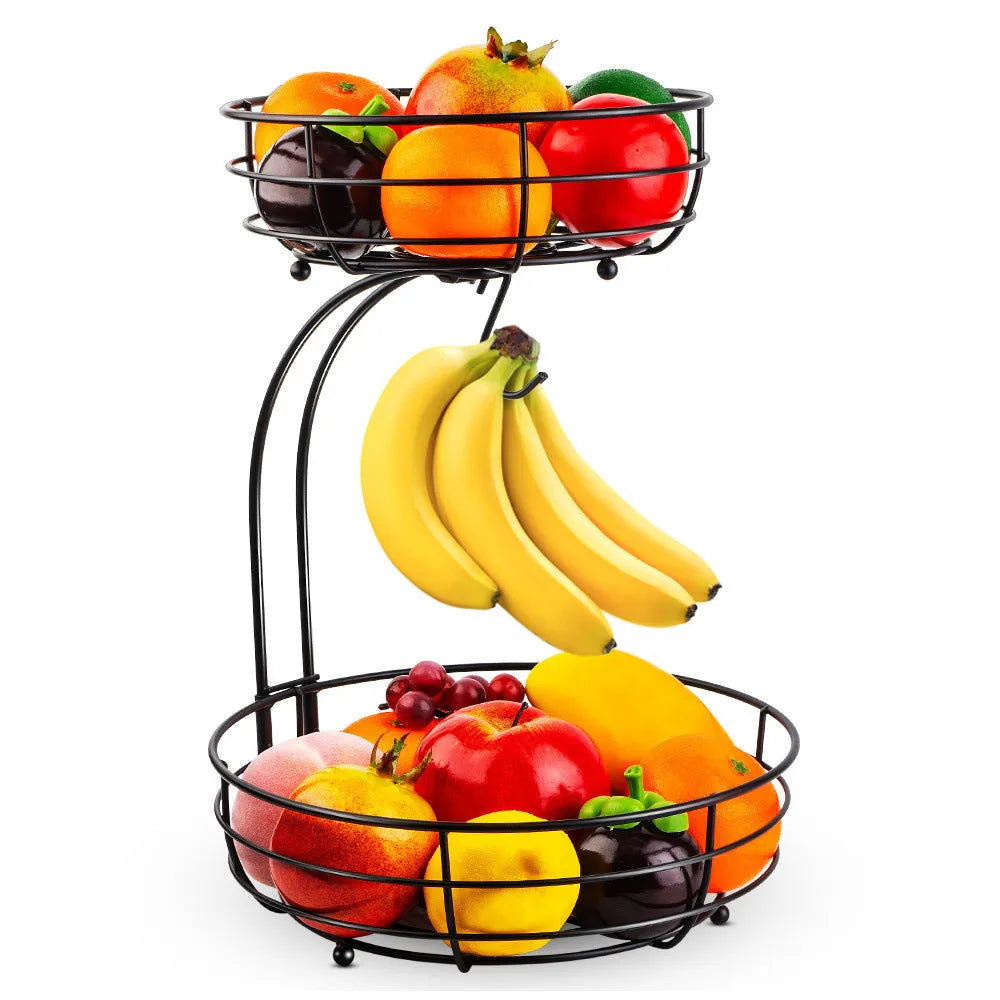 Black and gold double-layer wrought iron fruit storage basket with two open shelves.
