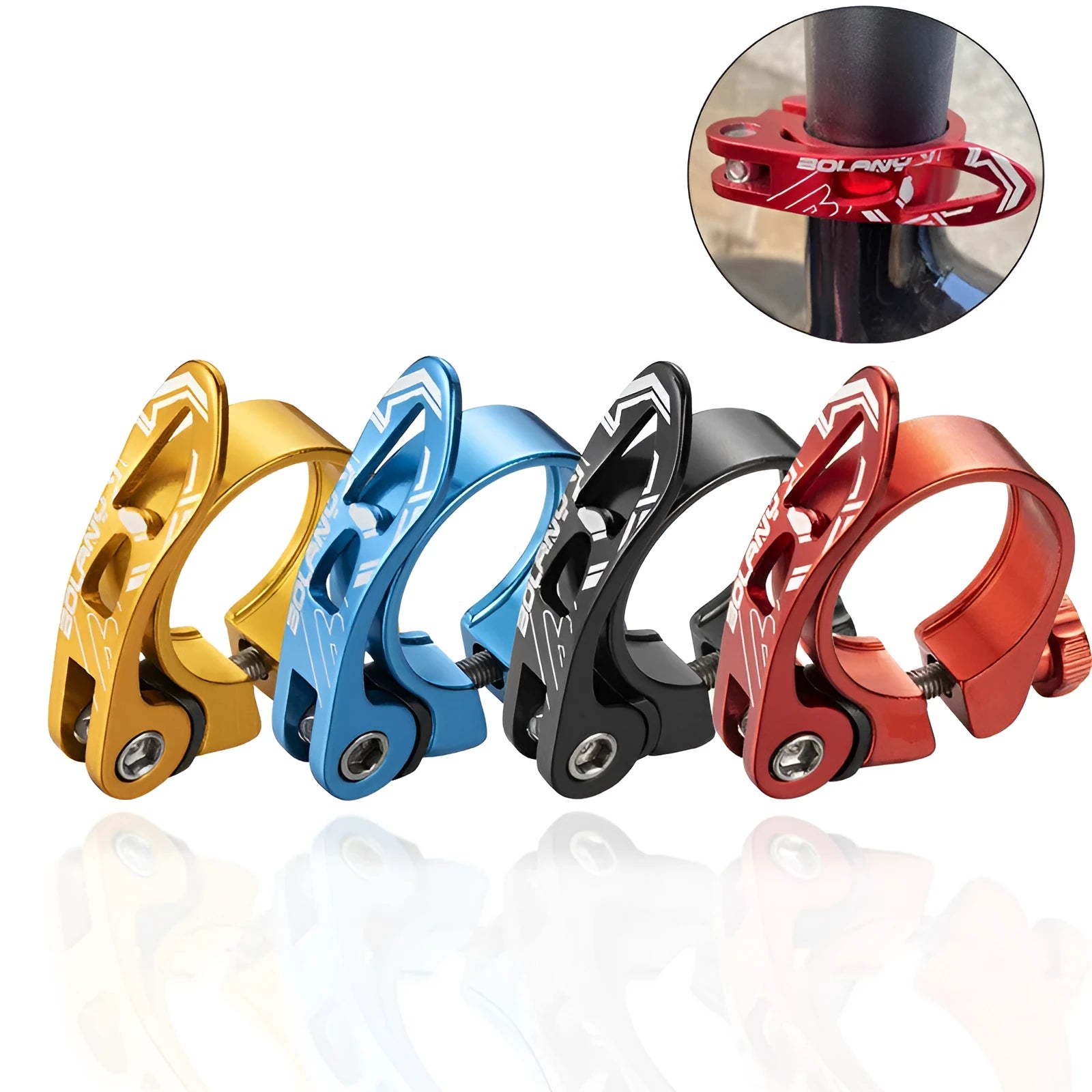 Aluminium alloy bicycle seat tube clamp in black, red, gold, or blue for 31.8mm or 34.9mm frames