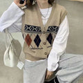 Sleeveless loose cardigan with diamond plaid pattern in acrylic fibre