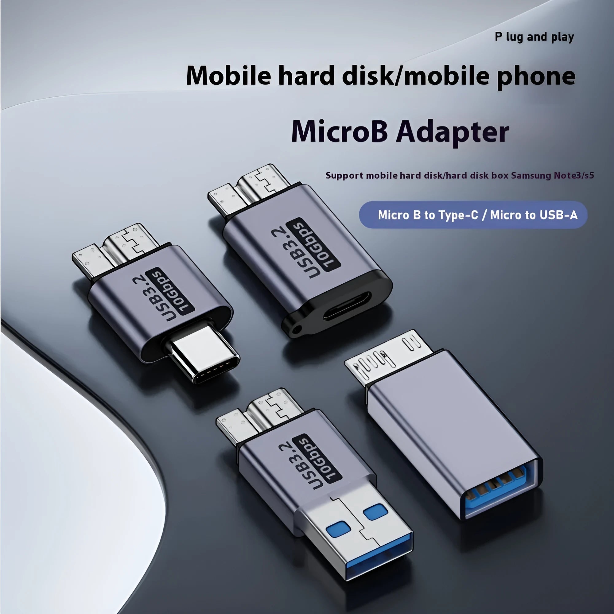 Micro B USB adapter converter showing Type-C and USB to Micro B connection options for data and charging