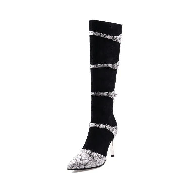 Women's knee-high black boots with stiletto heels and velvet lining