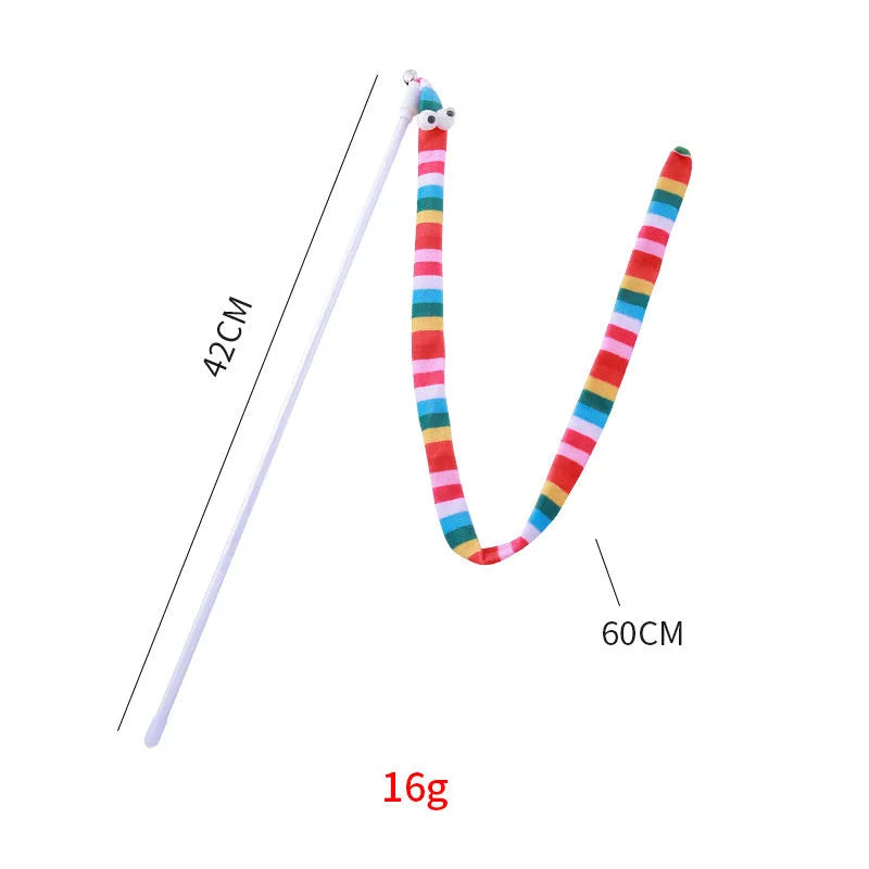 Cat wand toy with colourful plush strip attached to polycarbonate pole, shown in green colour option