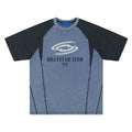 Men's blue hip hop letter print t-shirt with raglan sleeves on hanger