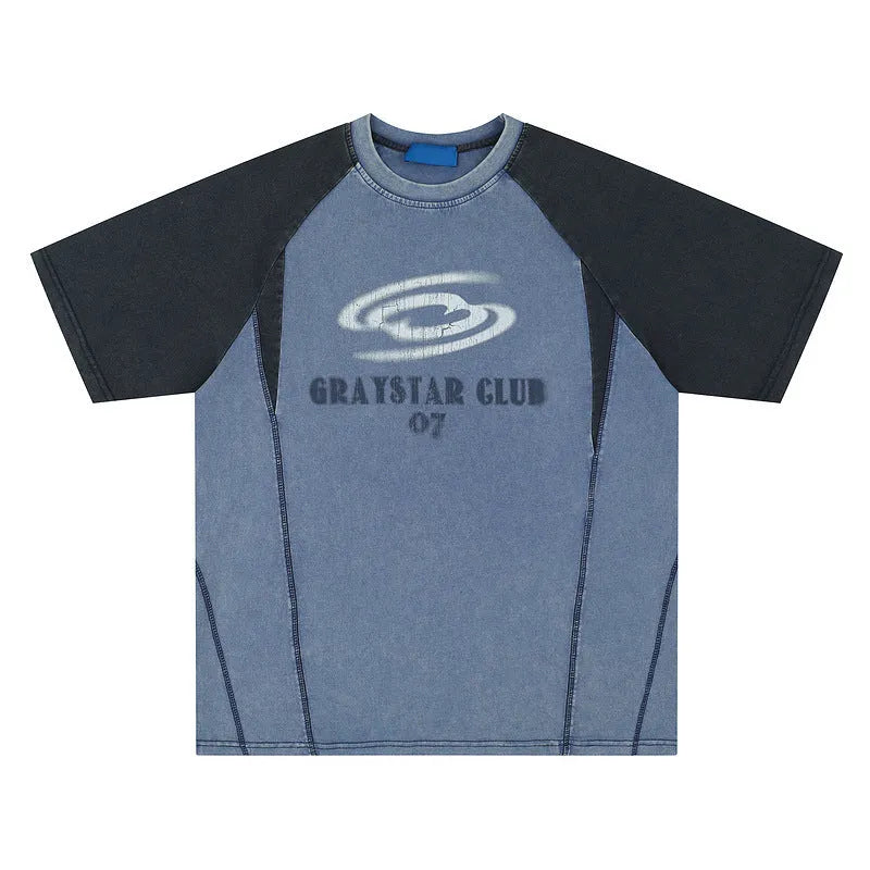 Men's blue hip hop letter print t-shirt with raglan sleeves on hanger