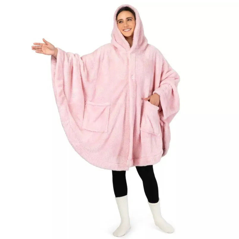 Thickened hooded bathrobe cardigan in black, dark gray or pink solid colours with long sleeves