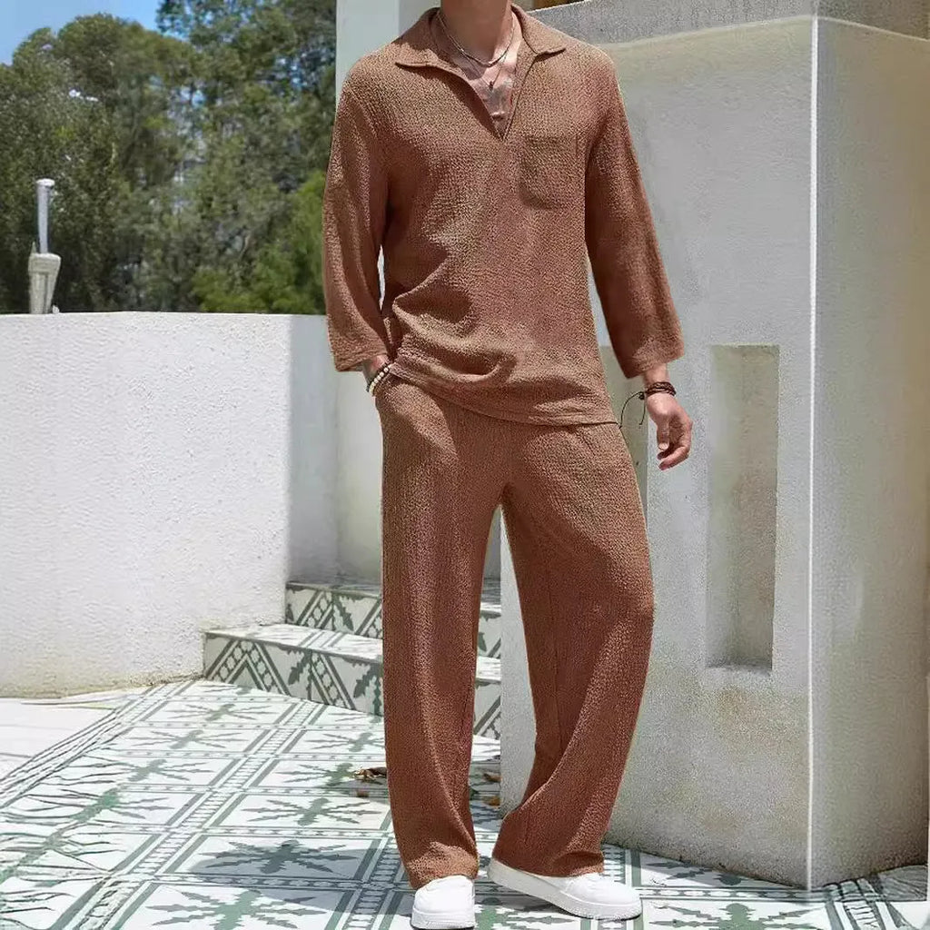 Men's casual shirt and trousers suit set in four colour options: lake blue, khaki, black, caramel.
