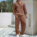 Men's casual shirt and trousers suit set in four colour options: lake blue, khaki, black, caramel.