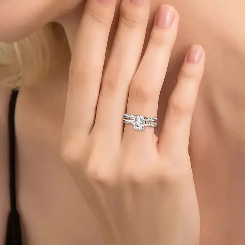Classical zircon simple ring two-piece wedding set copper white gold colour geometric ellipse design