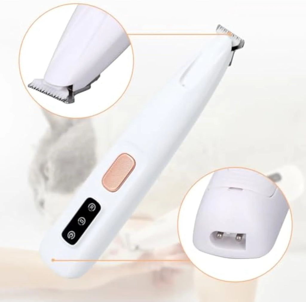 White rechargeable electric dog paw trimmer with LED light showing grooming blade and compact design