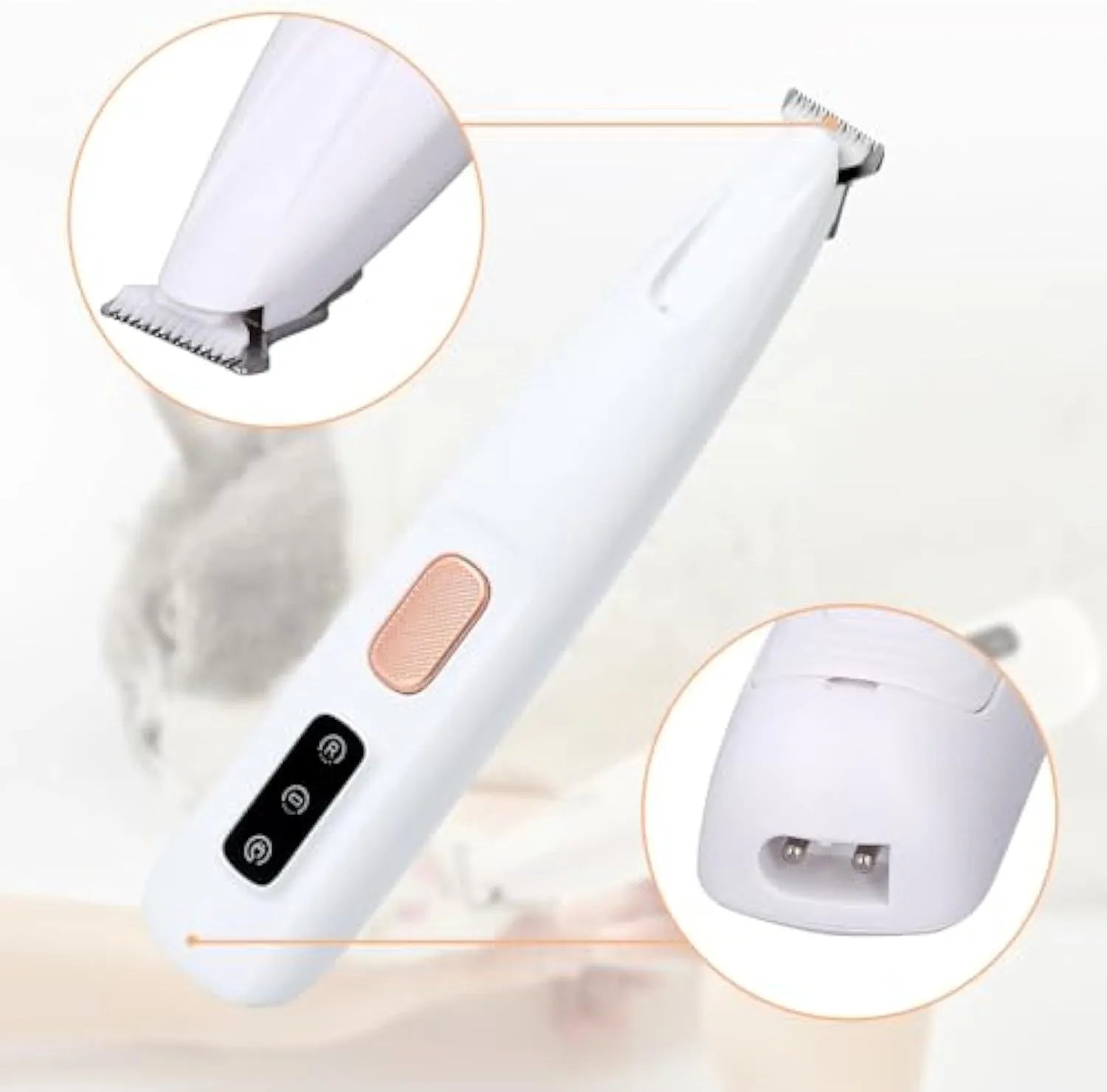 White rechargeable electric dog paw trimmer with LED light showing grooming blade and compact design