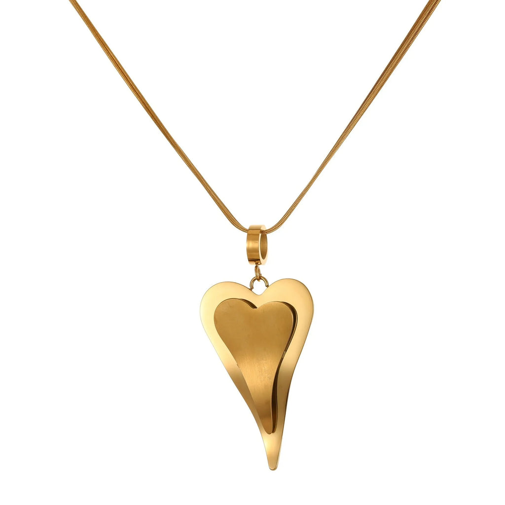 Women's stainless steel necklace with geometric double heart snake bones pendant in gold or steel finish