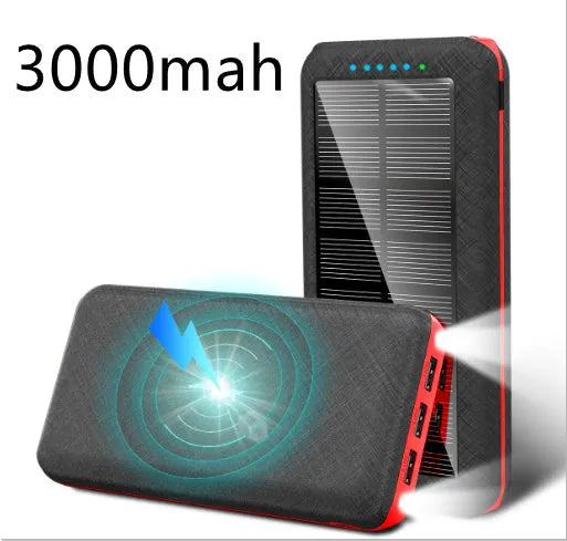 Black wireless power bank with Qi charging pad, three USB ports, and LED flashlight showing capacity display.