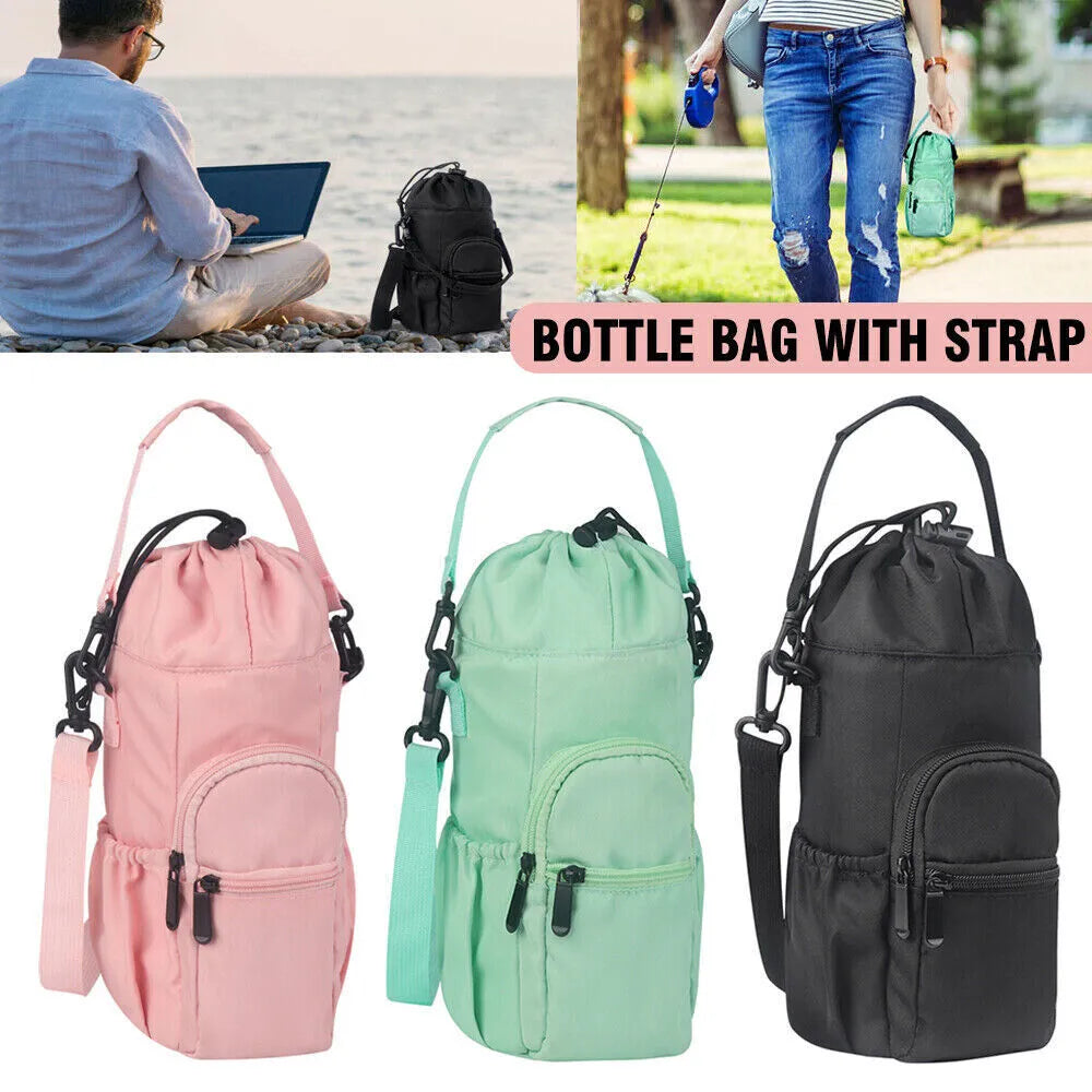 Cloth crossbody water bottle shoulder pouch in black, green, or pink colour.