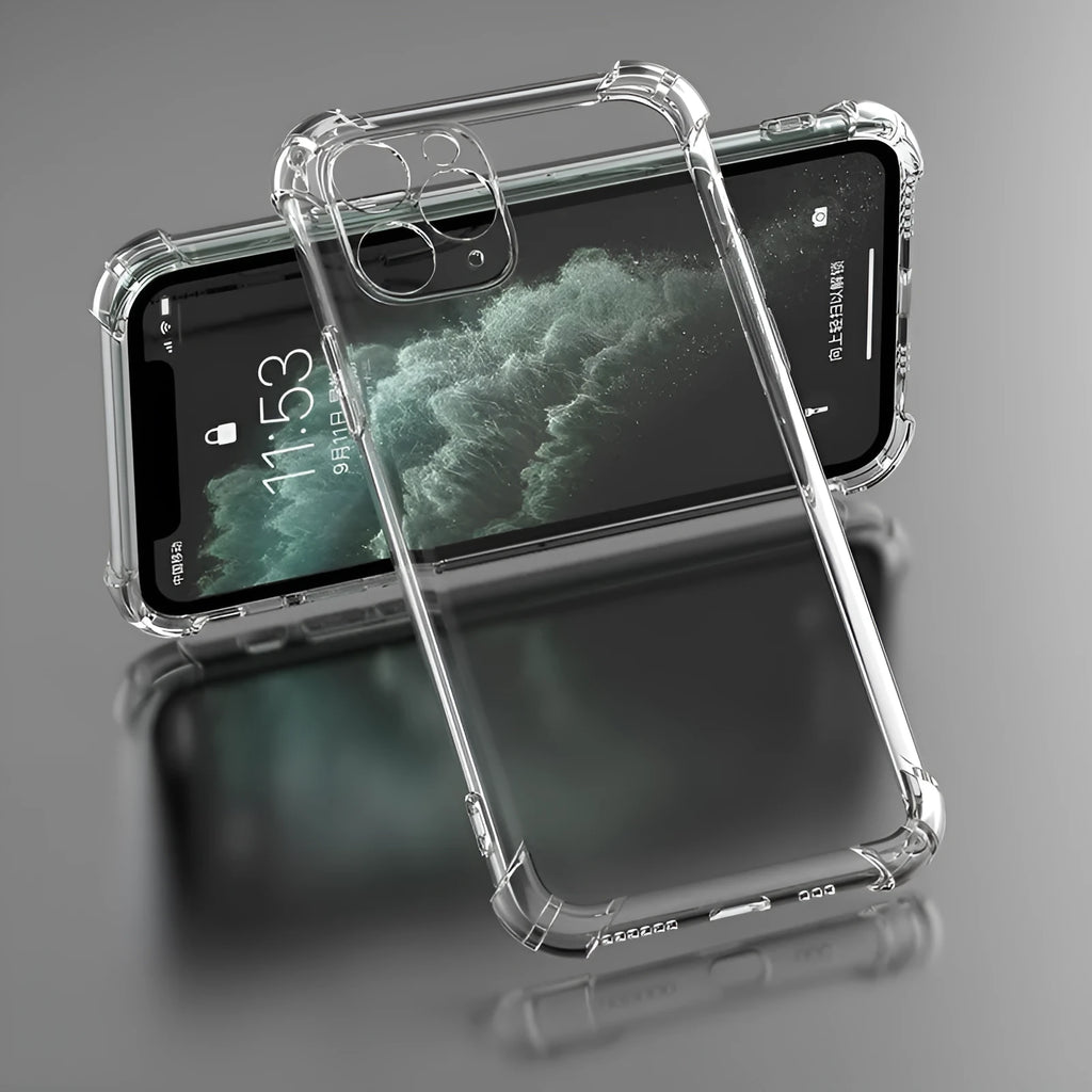 Clear transparent TPU shockproof protective case for Apple iPhone, showing phone model compatibility list.