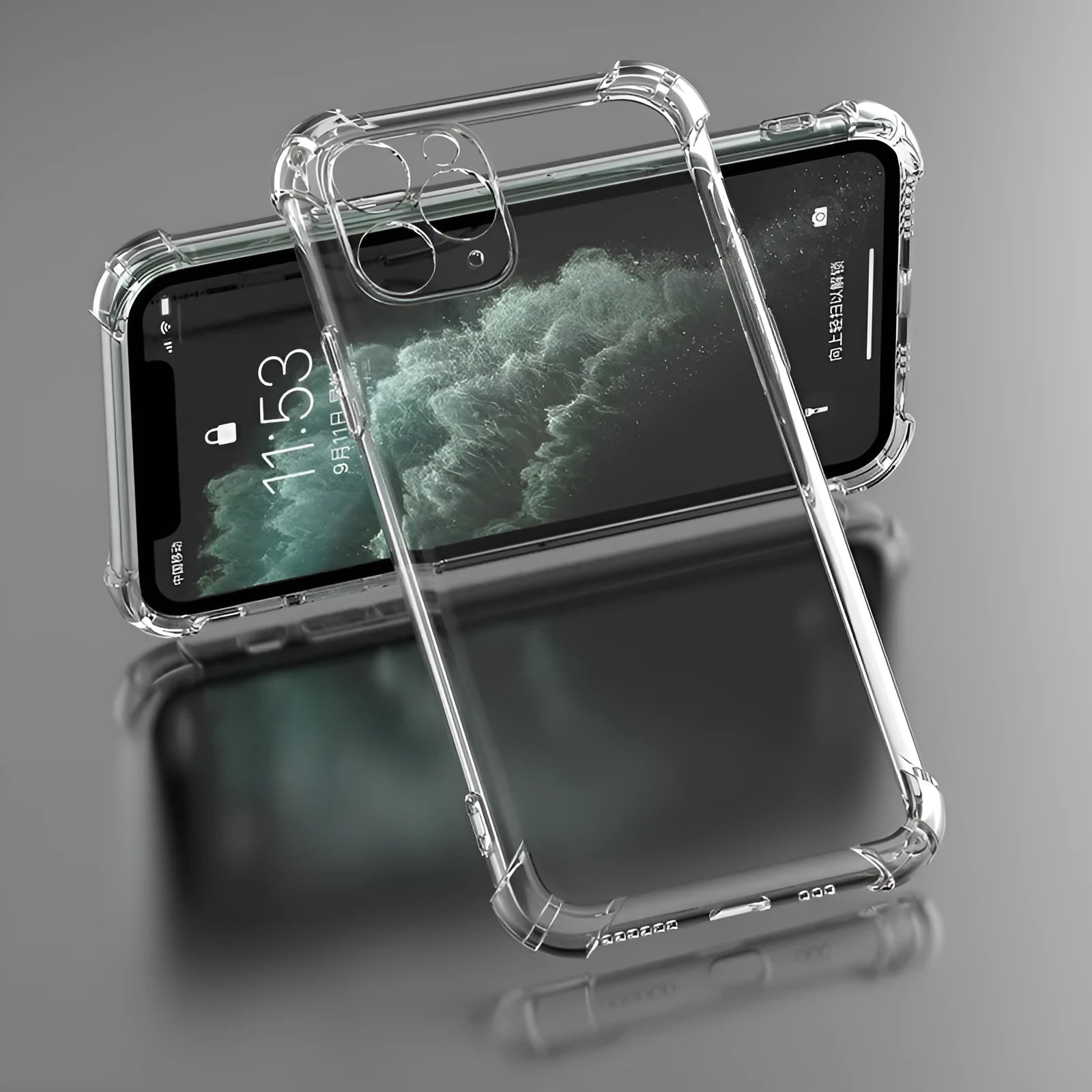 Clear transparent TPU shockproof protective case for Apple iPhone, showing phone model compatibility list.