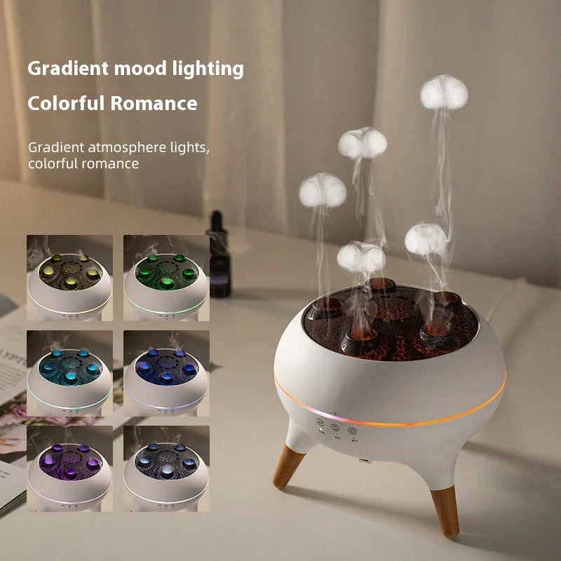 White jellyfish-shaped ultrasonic humidifier and aroma diffuser with remote control and timer on a table