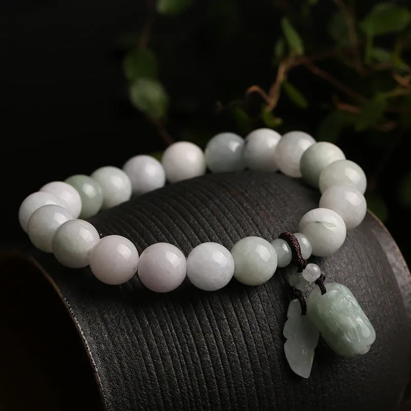 Jade geometric bracelet with hanging Maitreya Buddha pendant in multiple colour options