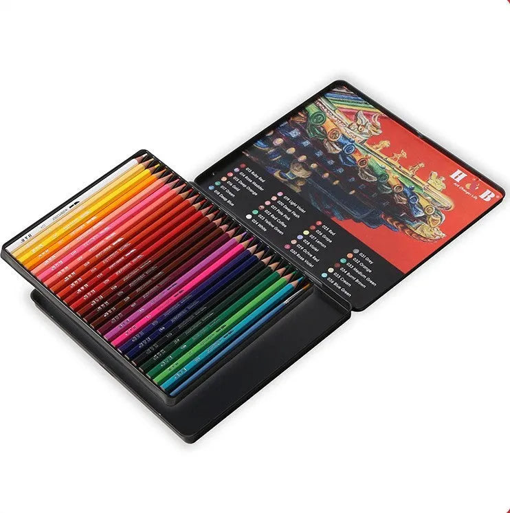 Water-soluble coloured pencil set with 24 colours and a brush in a black iron box.