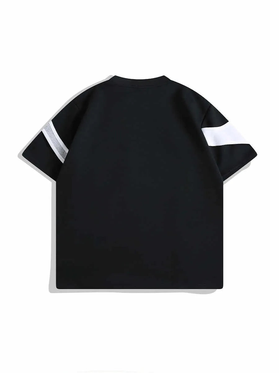 Men's black T-shirt with padded shoulder strap detail and double stitching construction