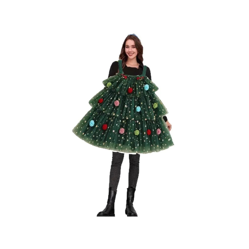 Green polka dot mesh tiered dress with colourful ball decorations and Christmas tree pattern