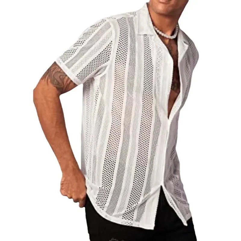 Men's black knitted short-sleeved button shirt with jacquard texture, regular fit cardigan