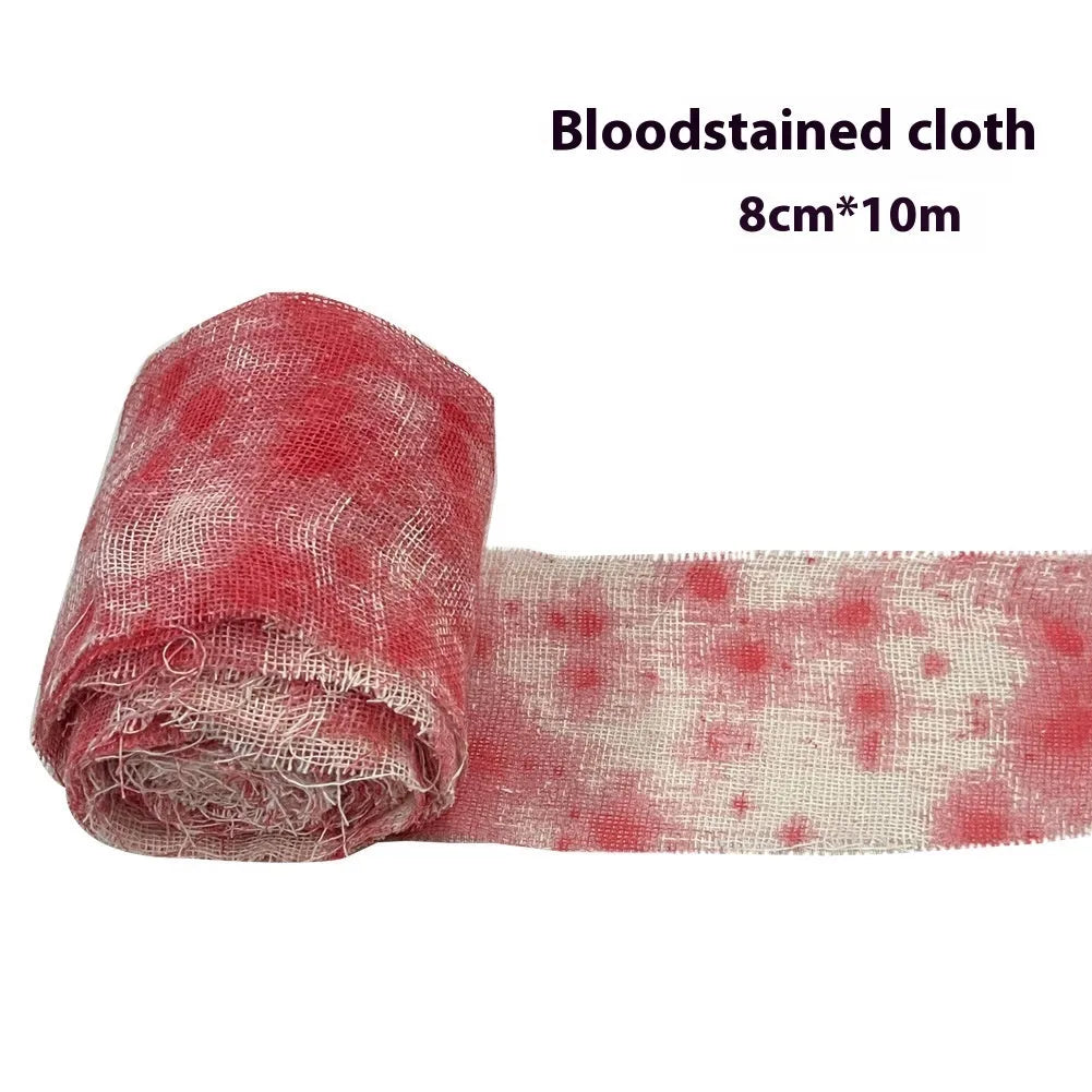 A roll of Halloween horror bandage with a bloody red dye or white colour, shown with a width of 8cm.