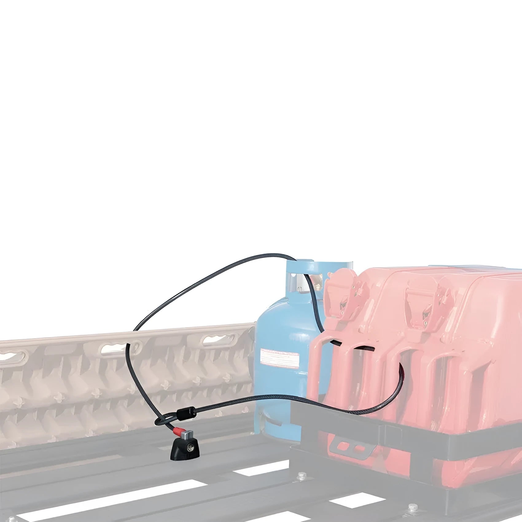 Plastic-sheathed steel cable lock for roof platforms with a lock mechanism, shown in 600mm and 1200mm lengths.