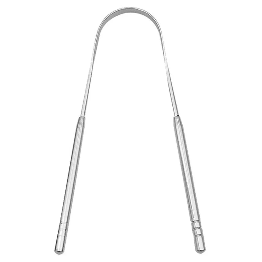 Stainless steel tongue coating cleaner set with large opening and spoon type U-shaped scrapers in pearlescent bags