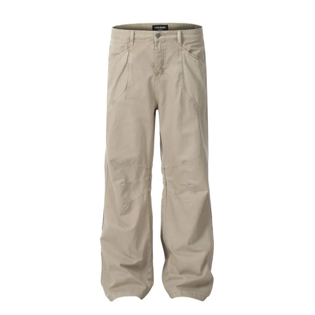 Men's brown straight-leg cotton trousers with high waist and zipper fly closure