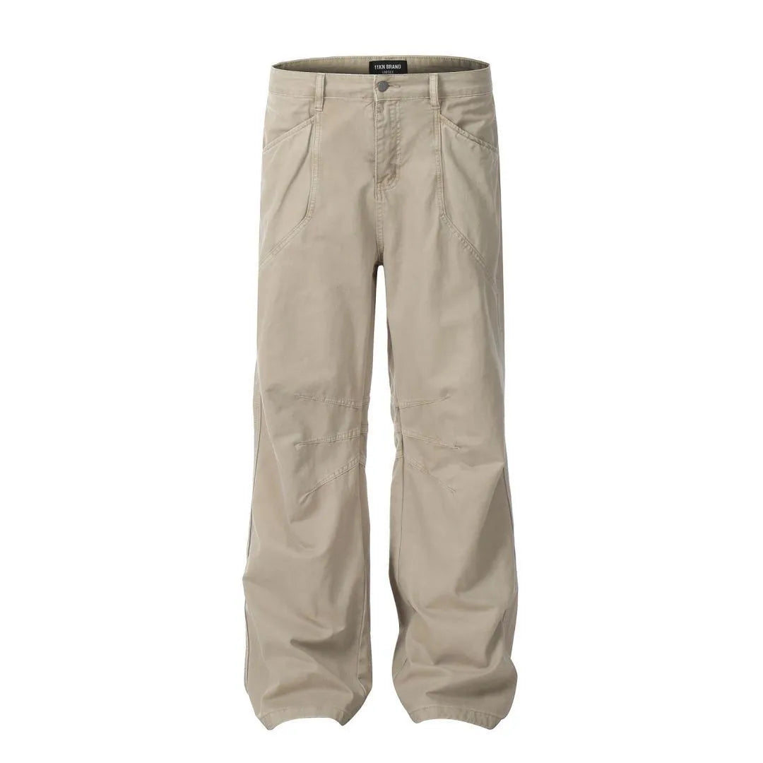 Men's brown straight-leg cotton trousers with high waist and zipper fly closure
