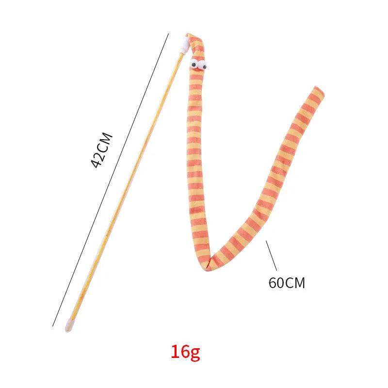 Cat wand toy with colourful plush strip attached to polycarbonate pole, shown in green colour option