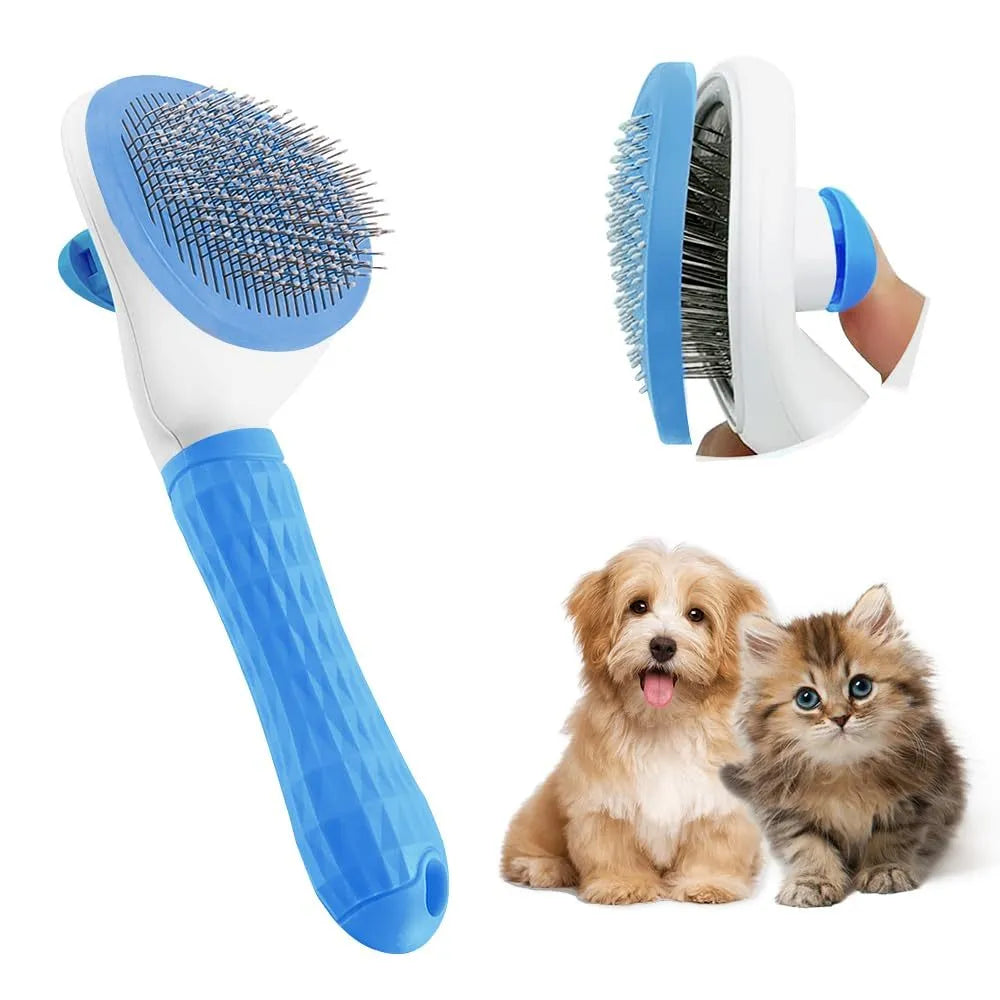 Blue cat grooming brush with release button for removing loose fur and tangles.